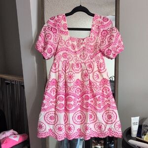 SundayUp Pink and White Embroidered Mini Dress